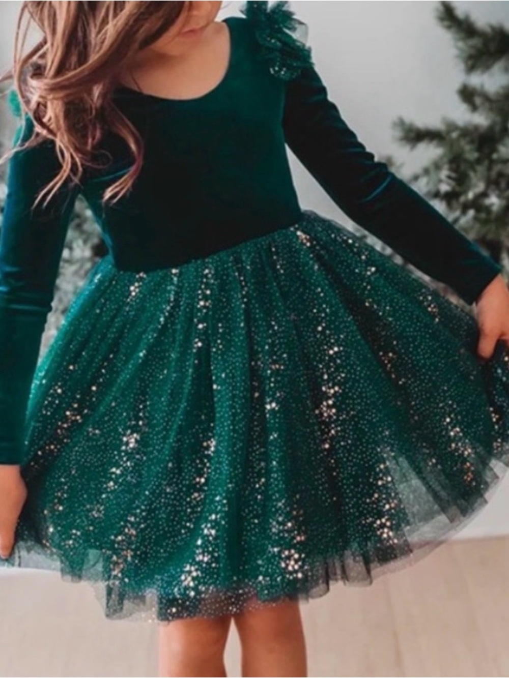 Elestory Emerald Green Tulle Gold Sparkle Party Dress Christmas Holiday